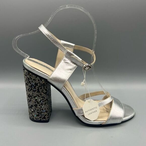 Zara Leather Silver Beaded Block Heels - Picture 1 of 9